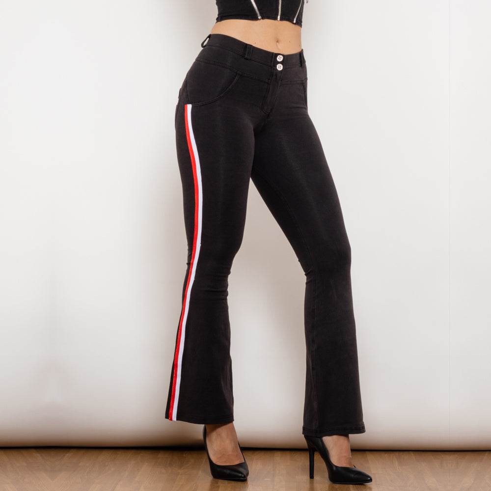 Shascullfites Melody Side Stripe Denim Flare Jeans Stretch Pants Slim Butt Lift Flare Pants Scrunch Bum Black Jeans - Mubimart