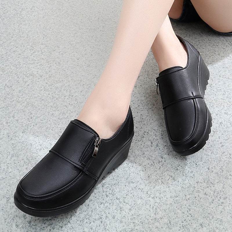Spring And Autumn Mid Heel Soft Bottom Wedge Black Work Shoes - Mubimart