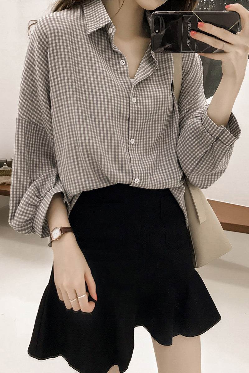 Blouses Shirts Women Loose Large Size M-4XL Plaid All-match - Mubimart
