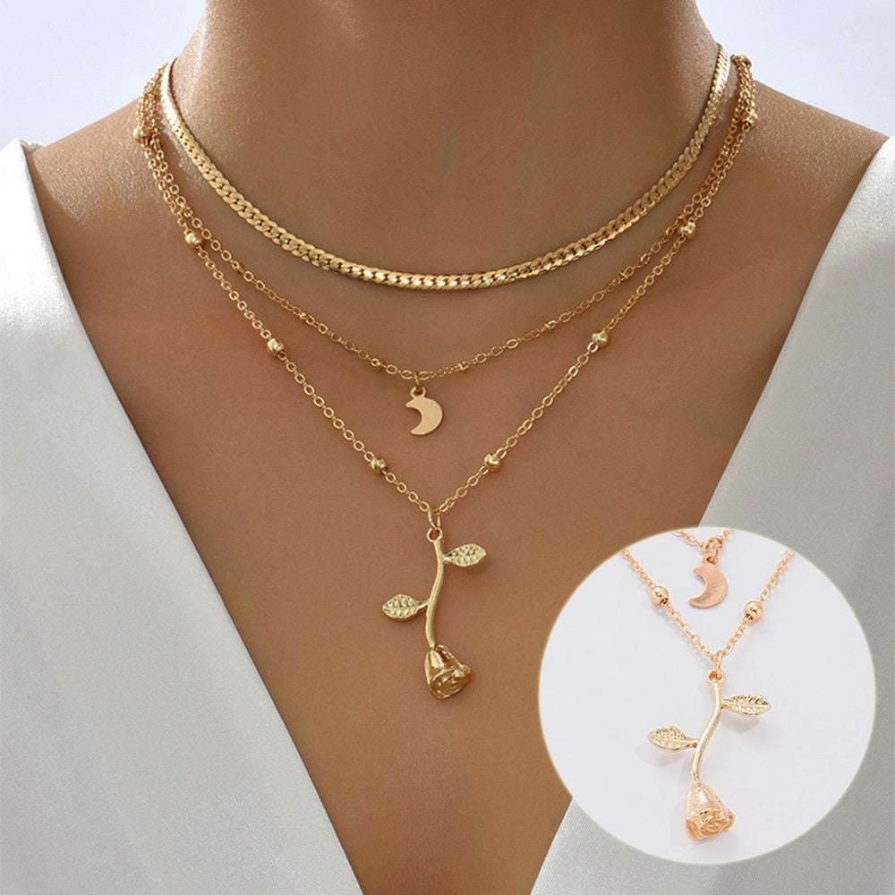 Bohemia Multilayer Moon Gold Color Pendant Necklaces For Women Rose Flower Choker Necklace 2025 Fashion Jewelry Party Gift Valentine's Day Gifts - Mubimart