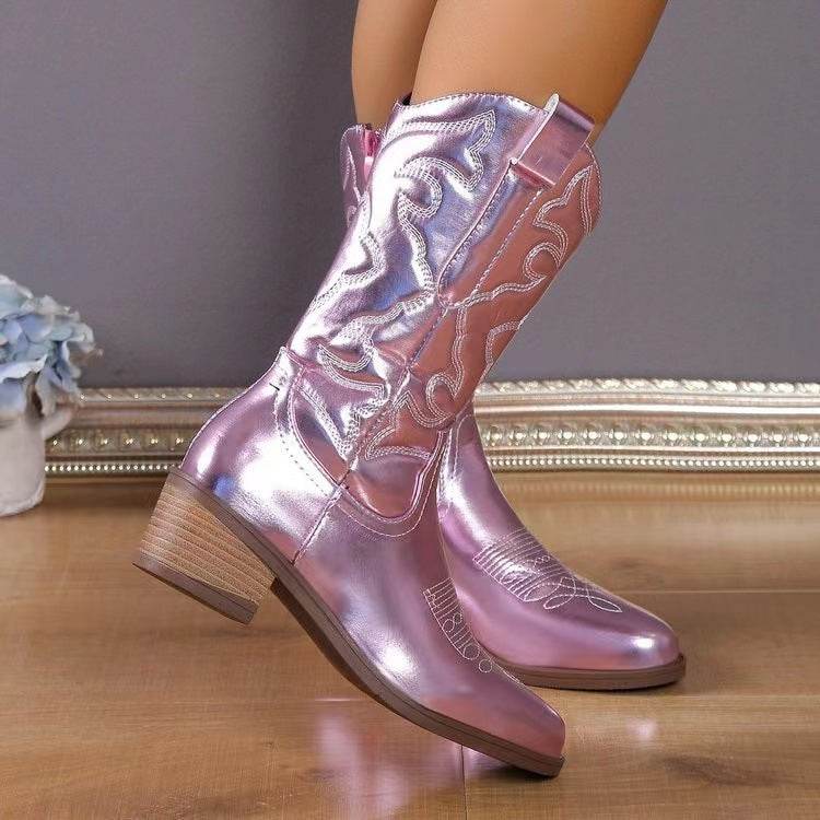 Chunky Heel Pointed Toe Western Boots Fashion Mid-tube Solid Knight Boot Autumn And Winter Shoes For Women - Mubimart