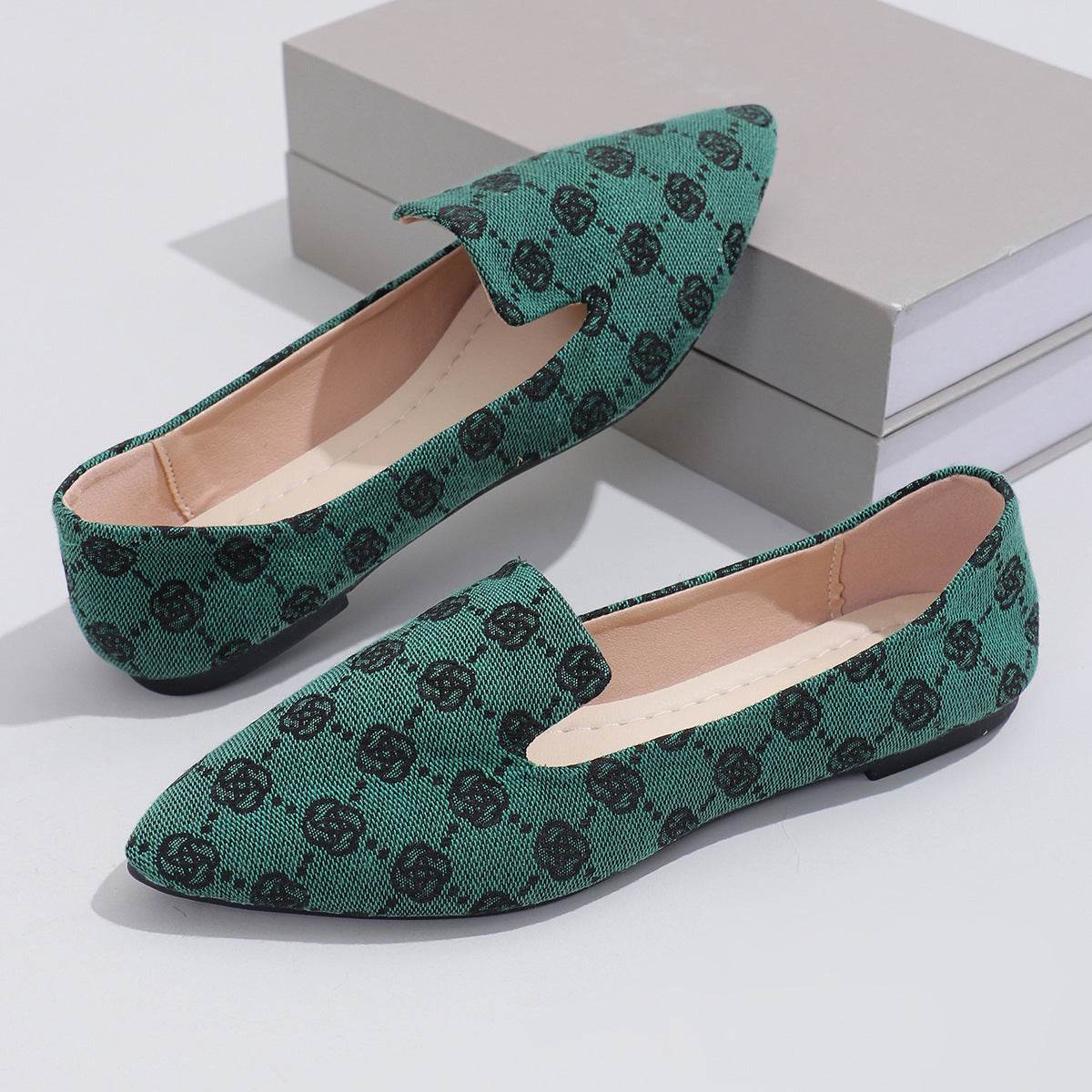 Rose Print Flats Shoes Fashion Casual Pointed Toe Canvas Loafers Lazy Shoes For Women - Mubimart