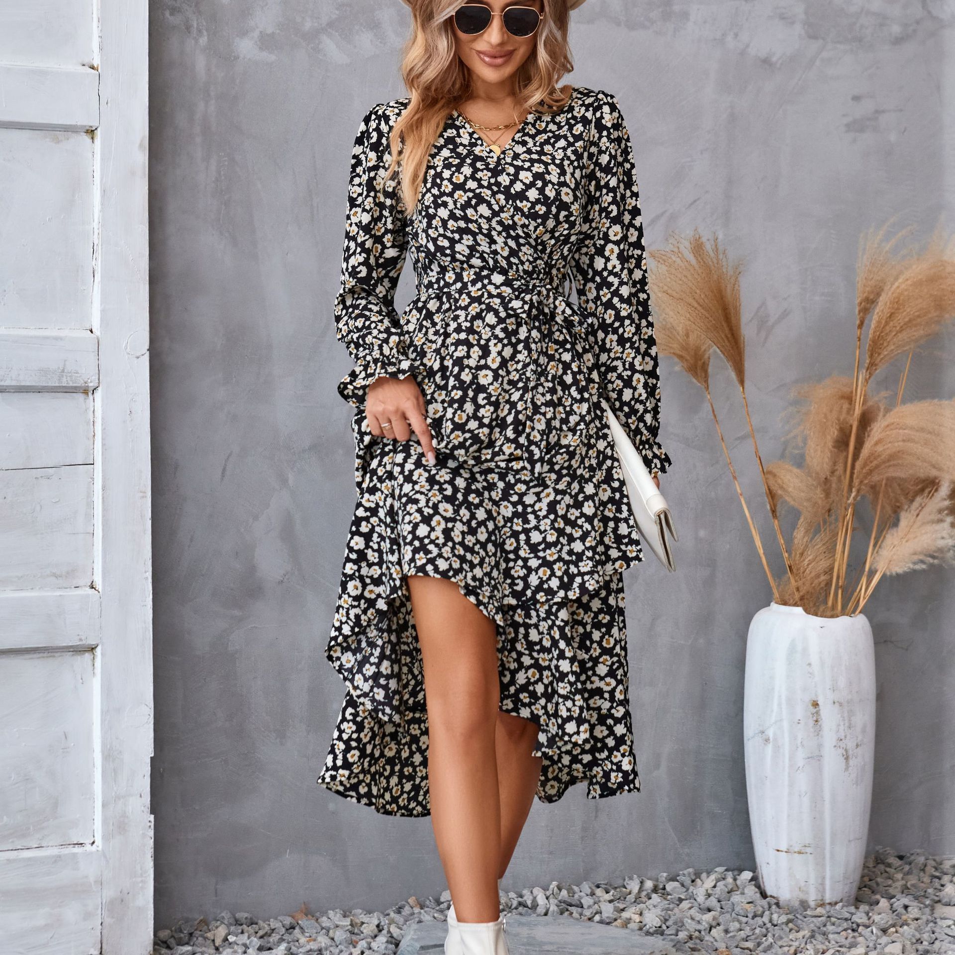 Flowers Print Long Sleeve Dress Fashion Ruffled Commuter Temperament Dresses Womens Clothing - Mubimart -  