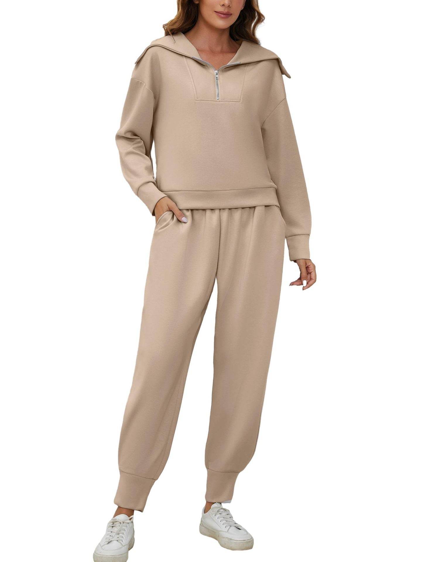 Long Sleeve Lapel Sweatshirt High Waist Workout Pants Two-piece Set - Mubimart