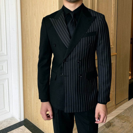 Striped Double Breasted Blazer Men Fashion Tailored Suit - Mubimart