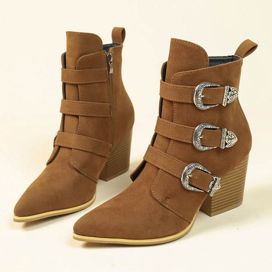 Chunky Heel Pointed Toe Boots With Belt Buckle Design Retro Mid-calf Boot Fashion Fall Winter Shoes For Women - Mubimart