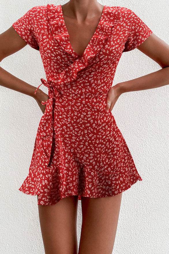 European And American Summer V-neck Ruffled Lace A-line Slim Dress - Mubimart