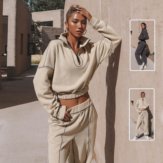 Long Sleeve Sweatshirt Stand Up Zipper Short Top With Loose Straight Leg Pants Women's Clothing - Mubimart
