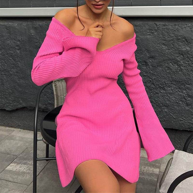 Sexy Slim V-Neck Long Sleeve Knitted Dress Fashion Tight High Elastic Ruffle A-Line Short Dresses Y2K Skirt Womens Clothing - Mubimart