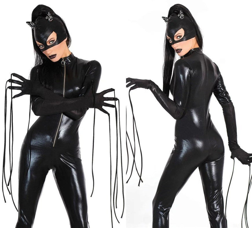 Women Black Patent Leather Catgirl Bodysuit - Mubimart - Bodysuits 