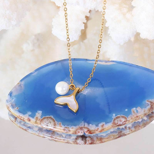 Fashion Upscale Jewelry Pearl Whale Tail Cameo Shell Charms Chain Choker Necklaces Pendants For Women - Mubimart