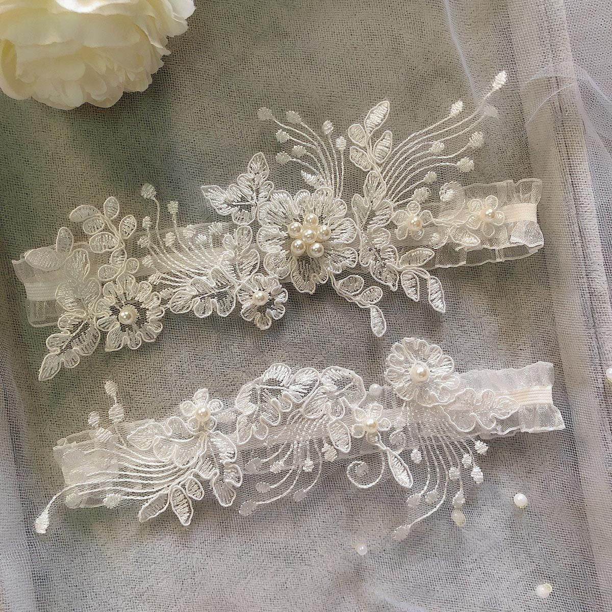 European And American Bridal Lace Garter Belt Blue Pearl Garter Belt Sexy Elastic Leg Loop - Mubimart