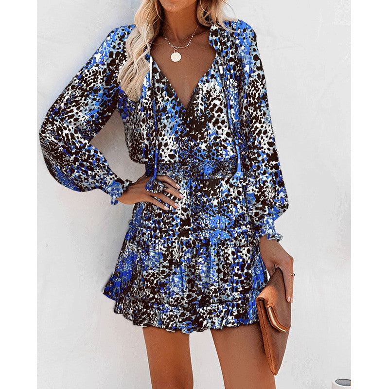 Flowers Print Long Sleeve Dress Fashion Patchwork Puff Sleeve Waist Dresses Womens Clothing - Mubimart -  