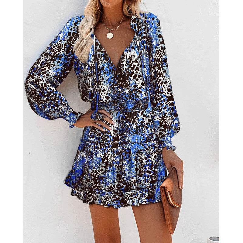 Flowers Print Long Sleeve Dress Fashion Patchwork Puff Sleeve Waist Dresses Womens Clothing - Mubimart
