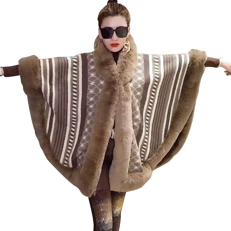 New Loose Plus Size Jacquard Fur Collar Shawl Wool Coat - Mubimart