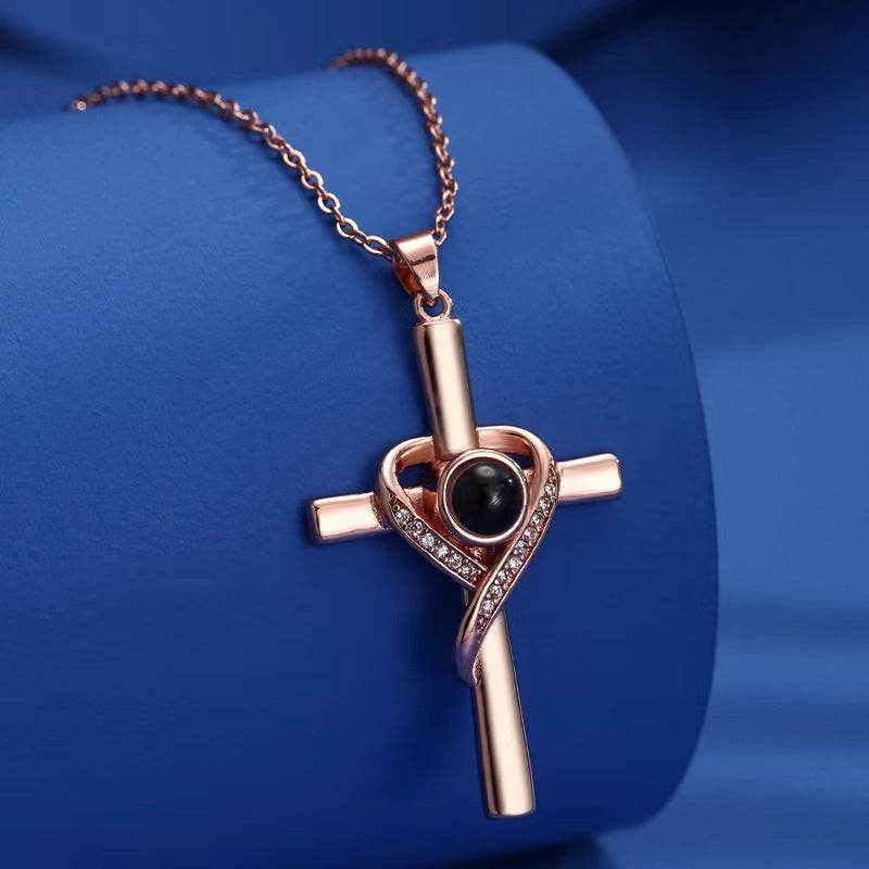 Languages I Love You Projection Necklace Pendant Love Cross Pendant Necklace Memorial Jewelry For Women - Mubimart