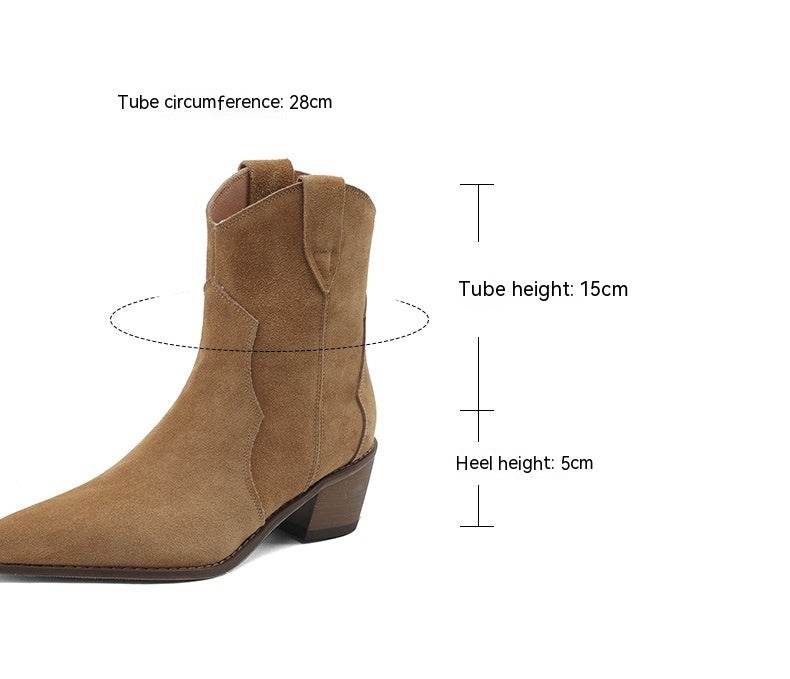 Pointed Toe Chunky Mid Heel Booties Fashion Matte Leather Boots - Mubimart