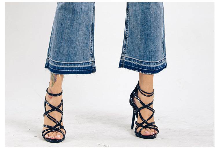 Women's Washed Elastic Loose Wide Leg Ankle-length Bootcut Jeans - Mubimart
