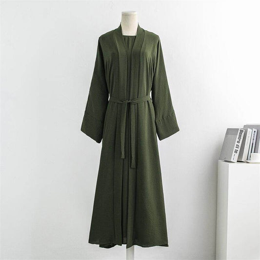 Turkey Dubai Robe Plus Size Solid Color Dress Two-piece Set - Mubimart