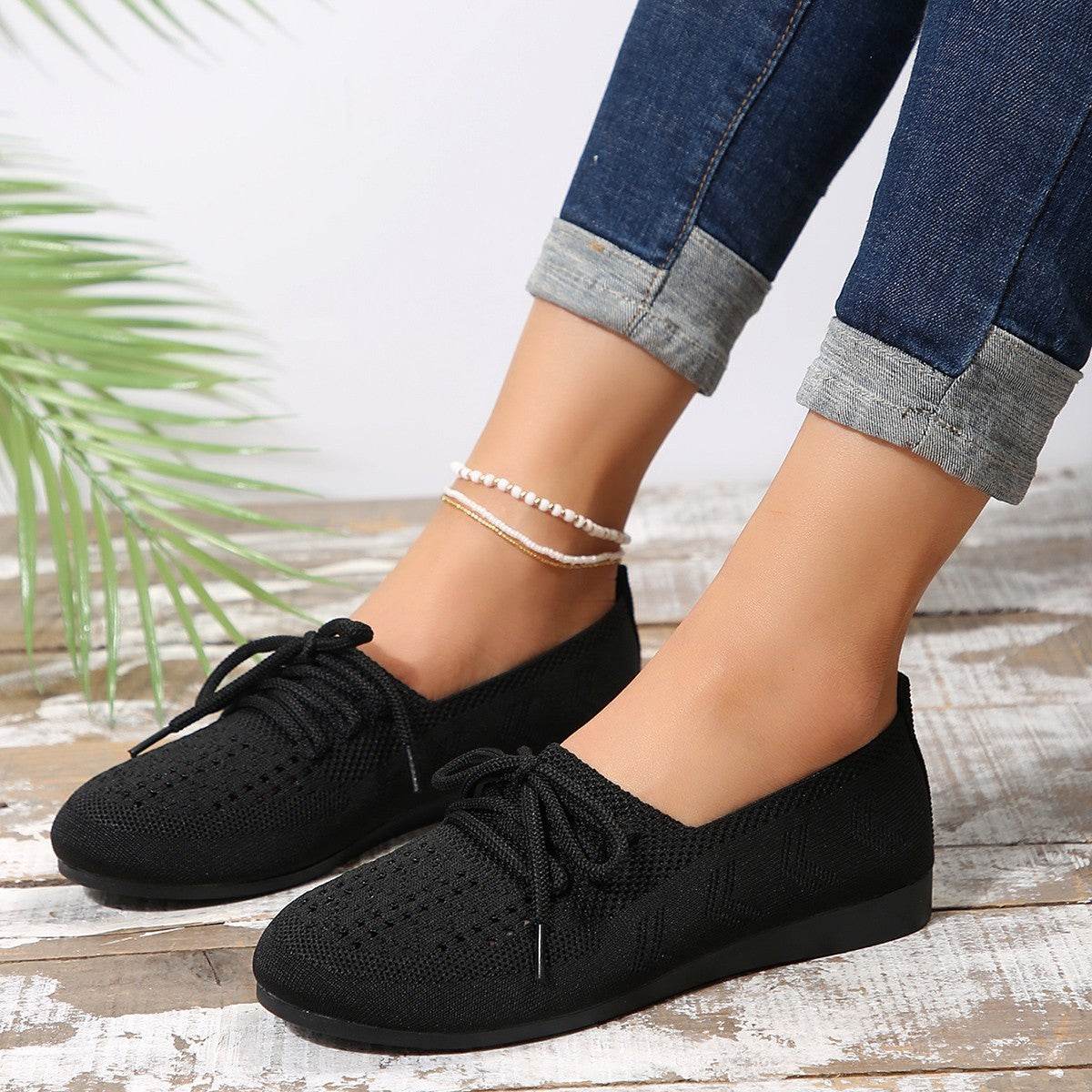 Lace-up Flats Women Fashion Breathable Lazy Mesh Shoes - Mubimart