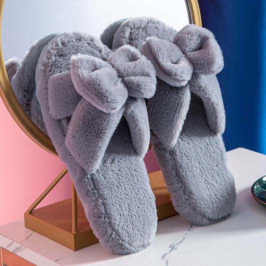 Bowknot Plush Slippers Plush Cotton Slippers - Mubimart