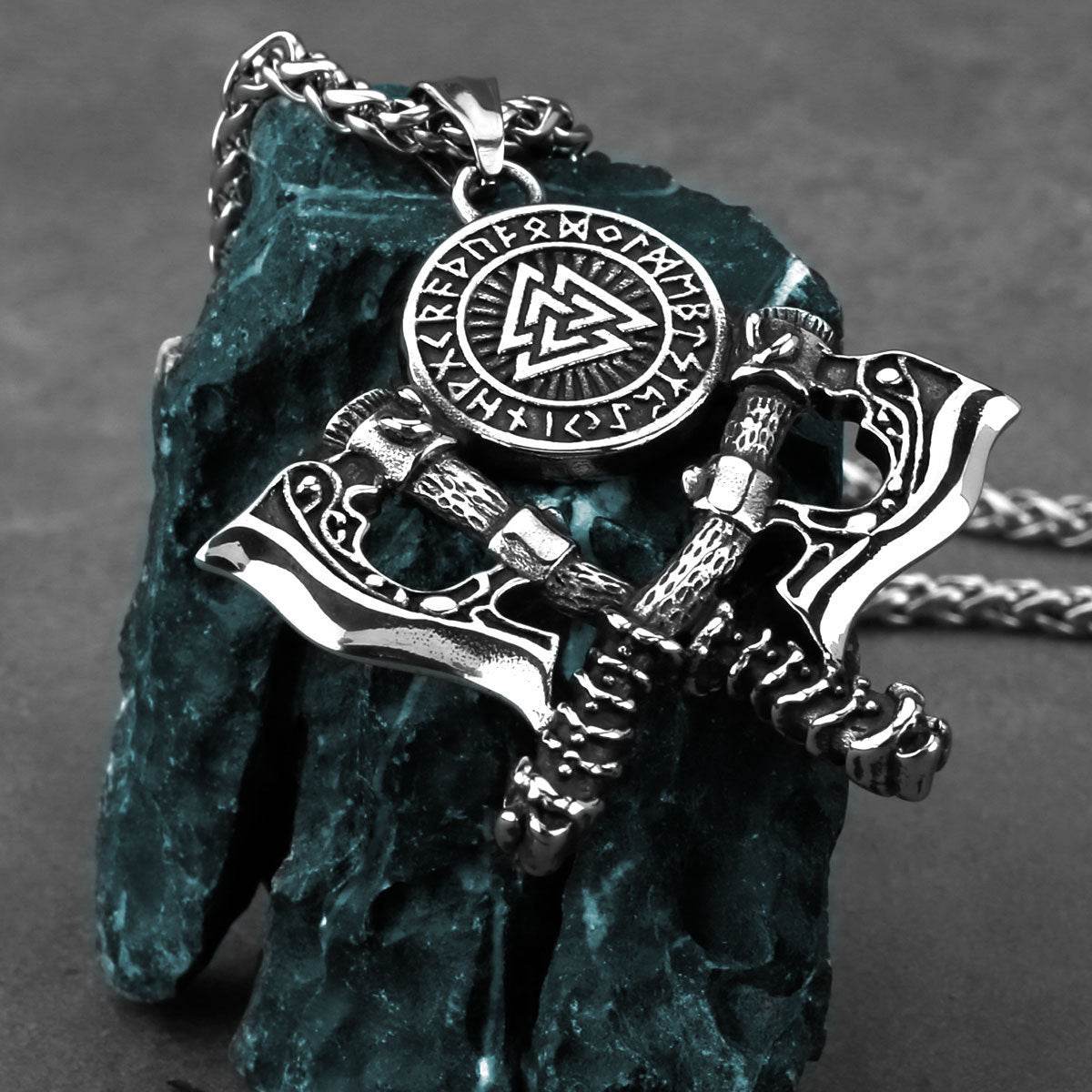 Mens Double Axe Stainless Steel Pendant Necklace - Mubimart