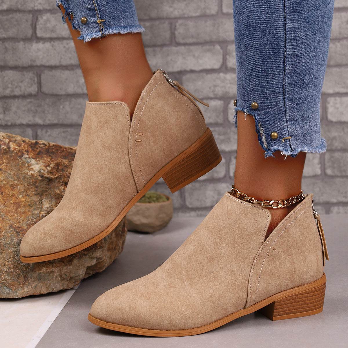 Chunky Heel Pointed Toe Ankle Boots With V-cut Design Fashion Fall Winter Short Boots For Women Shoes - Mubimart