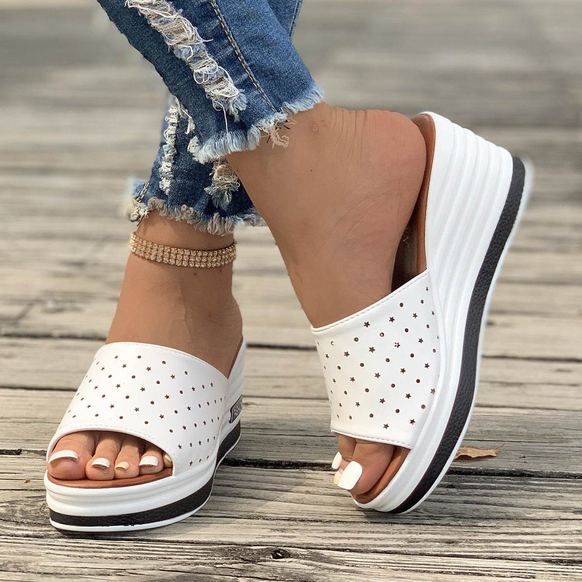 Fish Mouth Wedges Sandals Summer Fashion Hollow Design High Heels Slides Slippers Casual Beach Shoes For Women - Mubimart