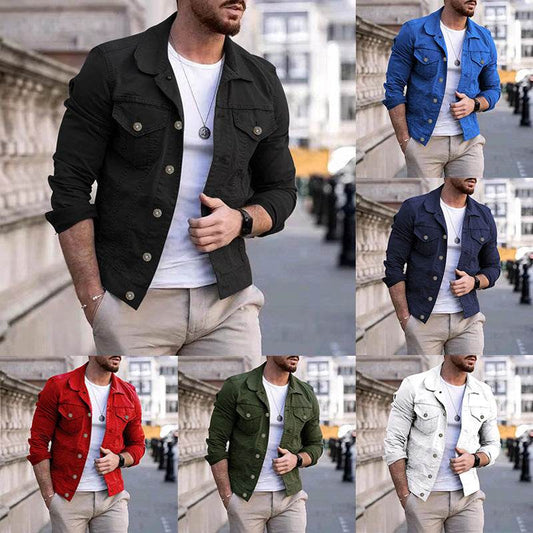 Mens Slim Fit Denim Lapel Jacket - Mubimart