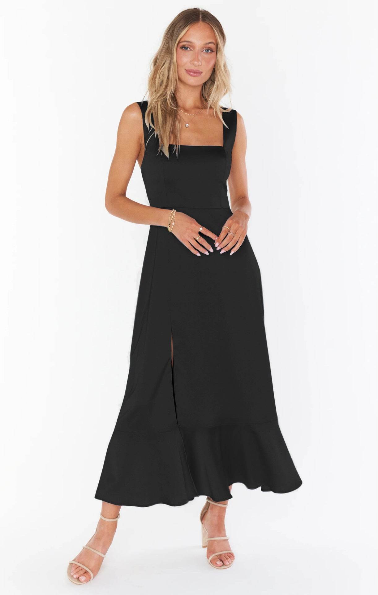 Women's Dresses Summer Elegant Bridesmaid Square Neck Ruffle Split Midi Formal Dress For Wedding Guest Cocktail Party - Mubimart