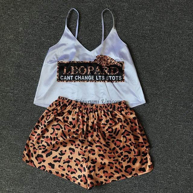 New Sexy Pijamas Women Pajama Set Silk Home Suit Animal Prin - Mubimart
