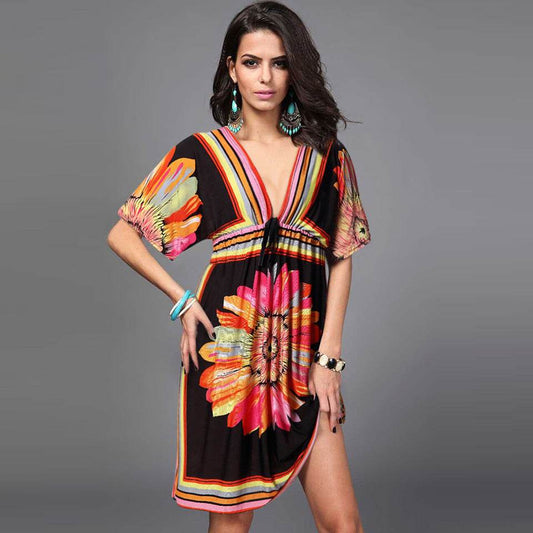 Plus Size Milk Silk Printed Midi Skirt Beach Dress - Mubimart