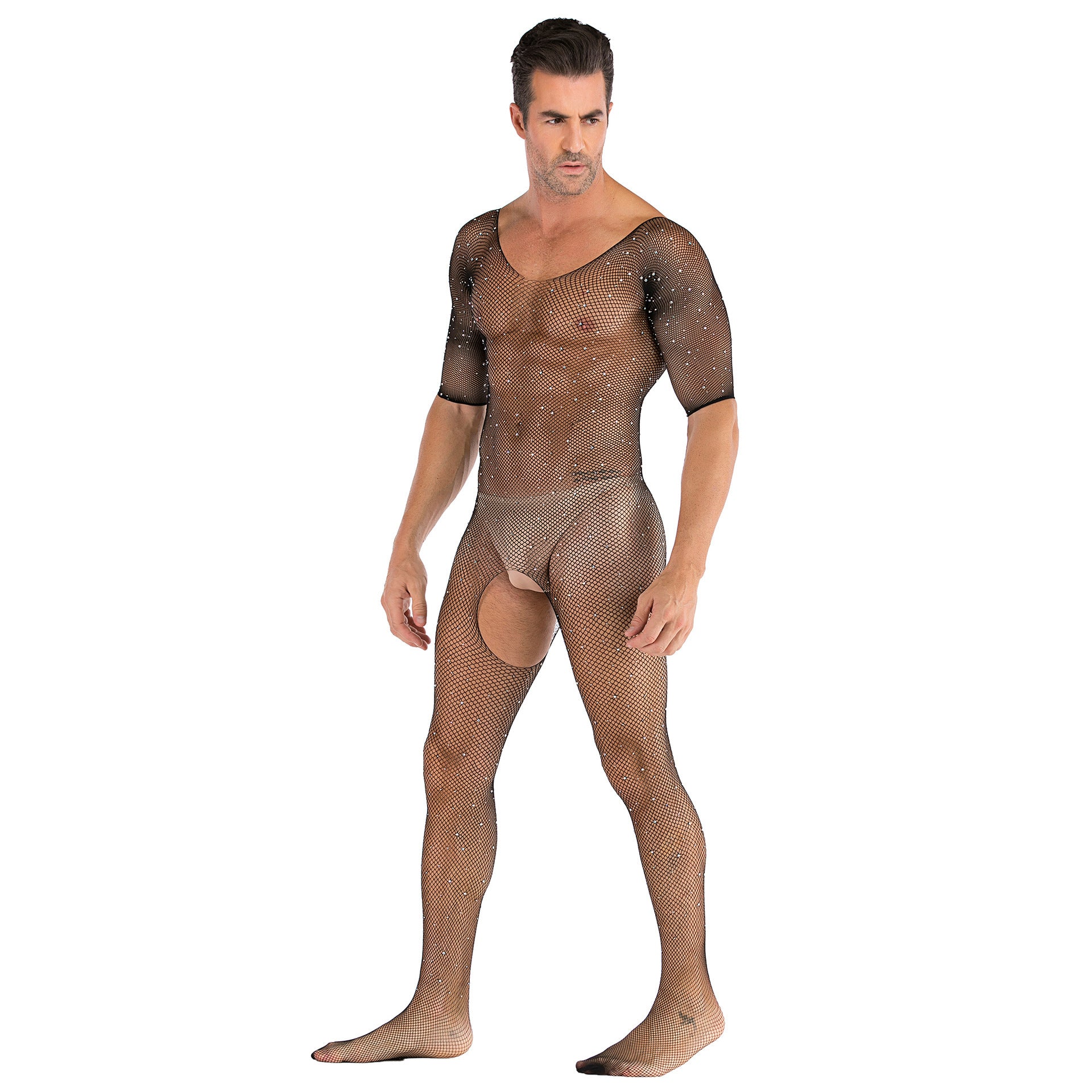 Mens Shiny Full Body Mesh Underwear With Diamonds