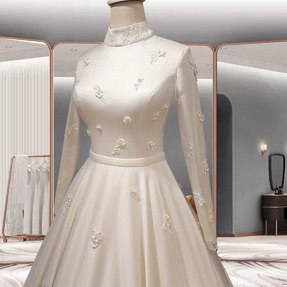 Women's Fashion Temperament Satin Stand-up Collar Long-sleeved Wedding Dresses - Mubimart