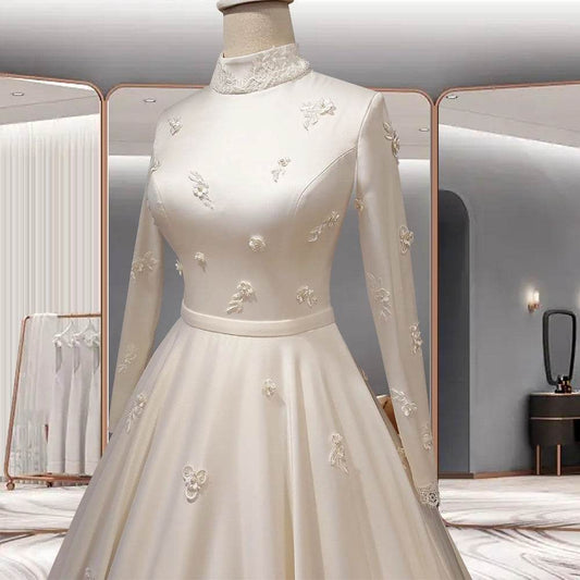 Women's Fashion Temperament Satin Stand-up Collar Long-sleeved Wedding Dresses - Mubimart