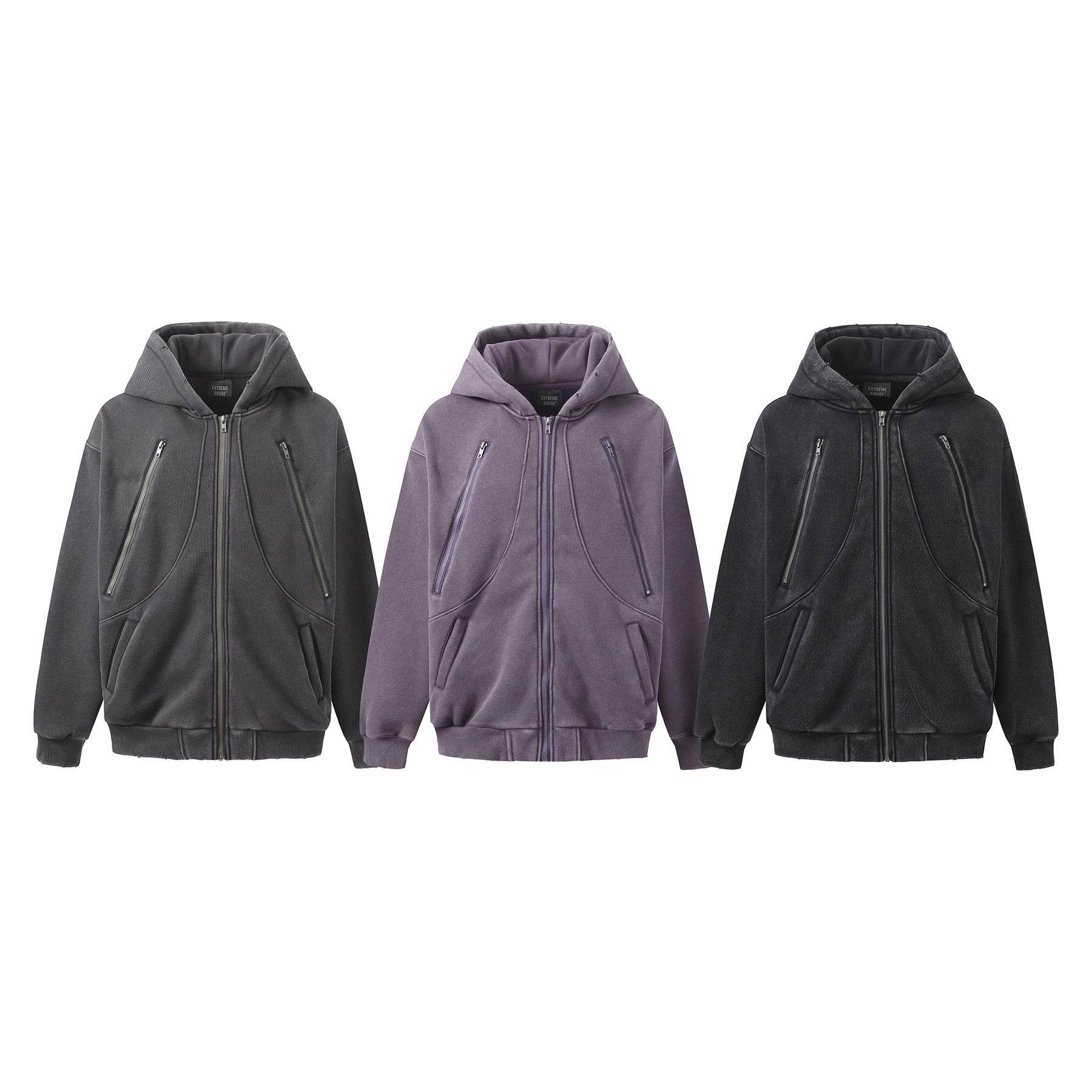 New Hoodie Fleece-lined Washed Zipper Sweater - Mubimart