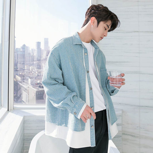 Mens Fake Two Piece Patchwork Denim Jacket Top - Mubimart
