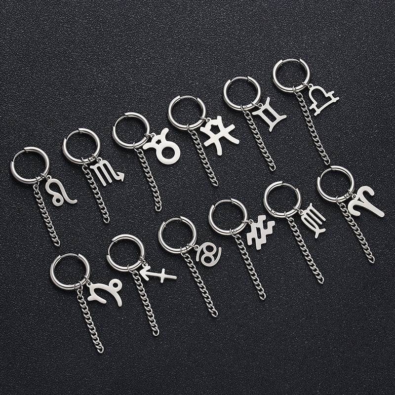 Hip Hop Zodiac Sign Link Chain Tassel Dangle Earrings For Men Women Constellation Jewelry - Mubimart