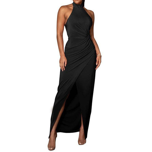 Halter Slit Formal Dress Long Dress Pleated Sleeveless - Mubimart