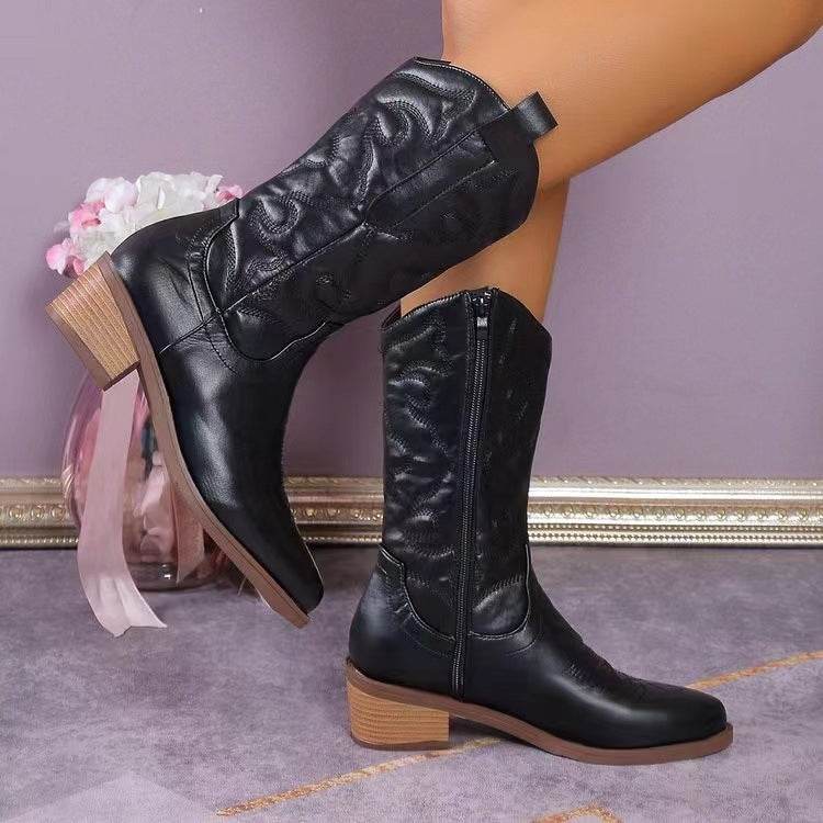 Chunky Heel Pointed Toe Western Boots Fashion Mid-tube Solid Knight Boot Autumn And Winter Shoes For Women - Mubimart