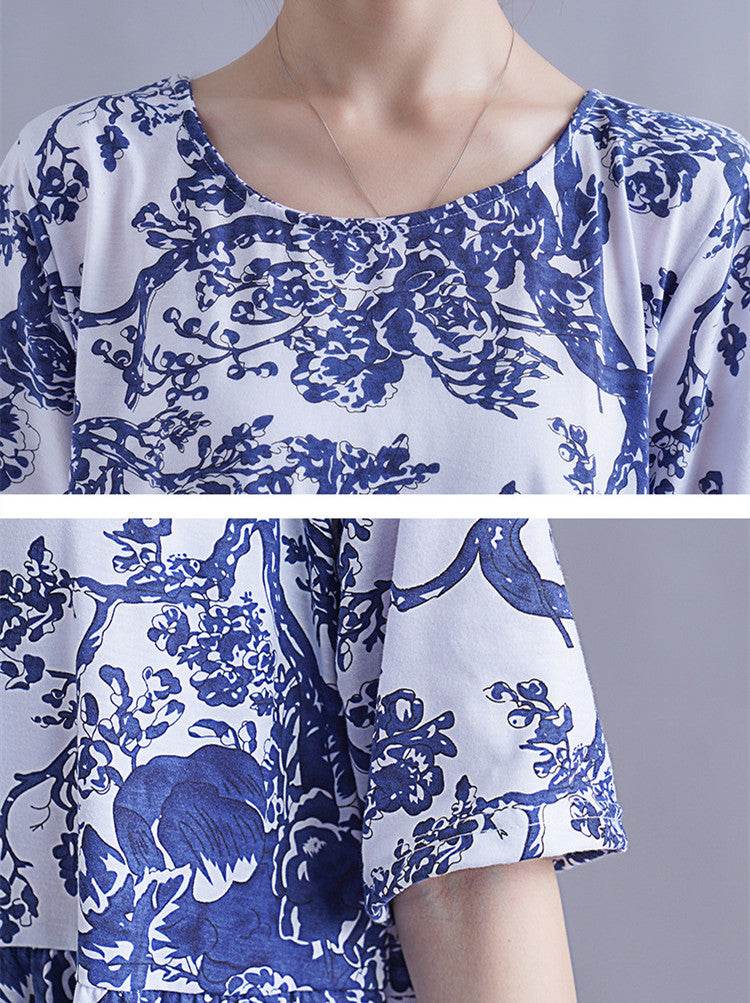 Blue And White Porcelain Robe Plus-sized Loose Dress - Mubimart