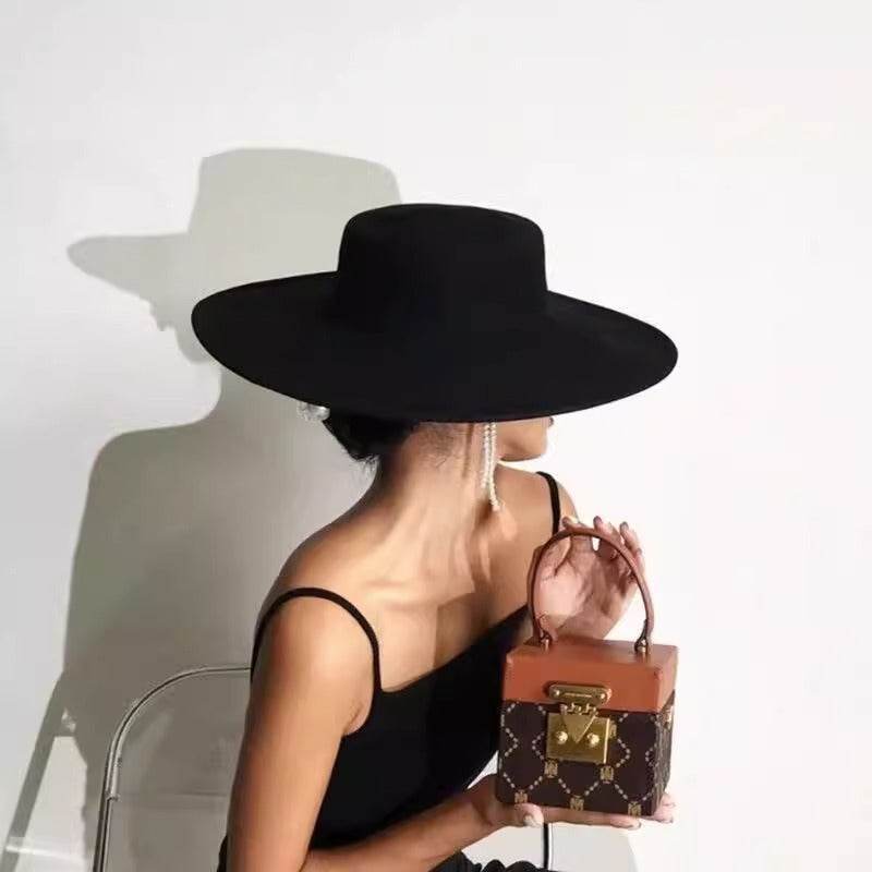Flat Top Woolen Hat Big Brim Fedora Hat Hepburn Style - Mubimart