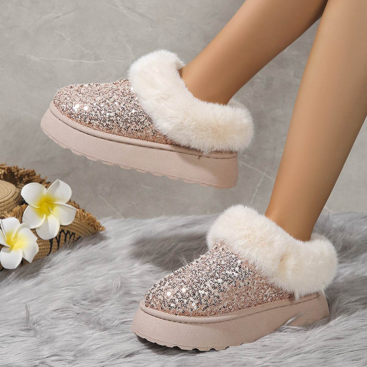 Fashion Sequined Thick-soled Plush Shoes Winter Indoor And Outdoor Casual Warm Slippers Women Garden House Shoes - Mubimart