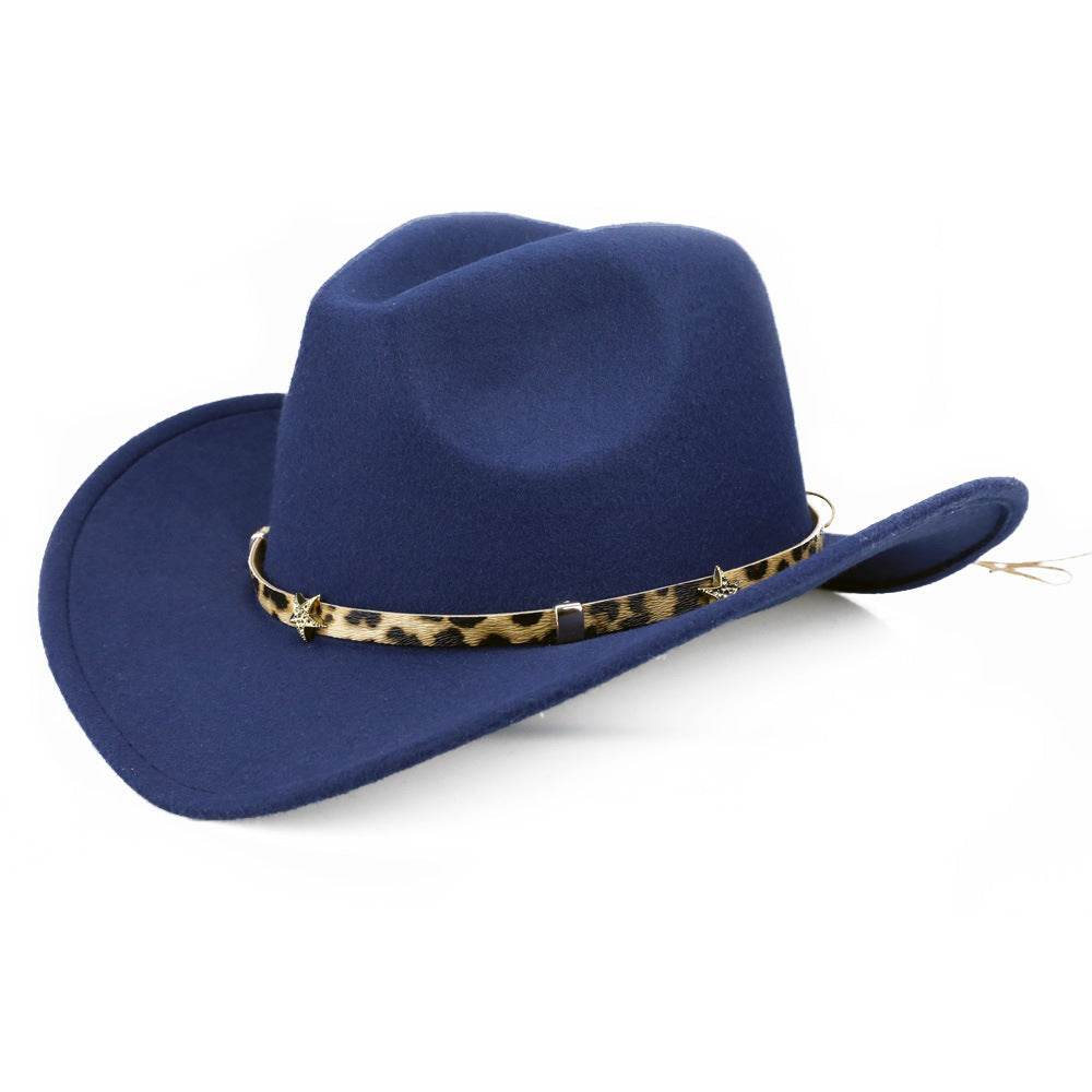 Leopard Print Five-pointed Star Belt Cowboy Hat Men's And Women's Autumn And Winter Woolen Fedora Hat Outdoor Knight Hat Western Cowboy Hat - Mubimart