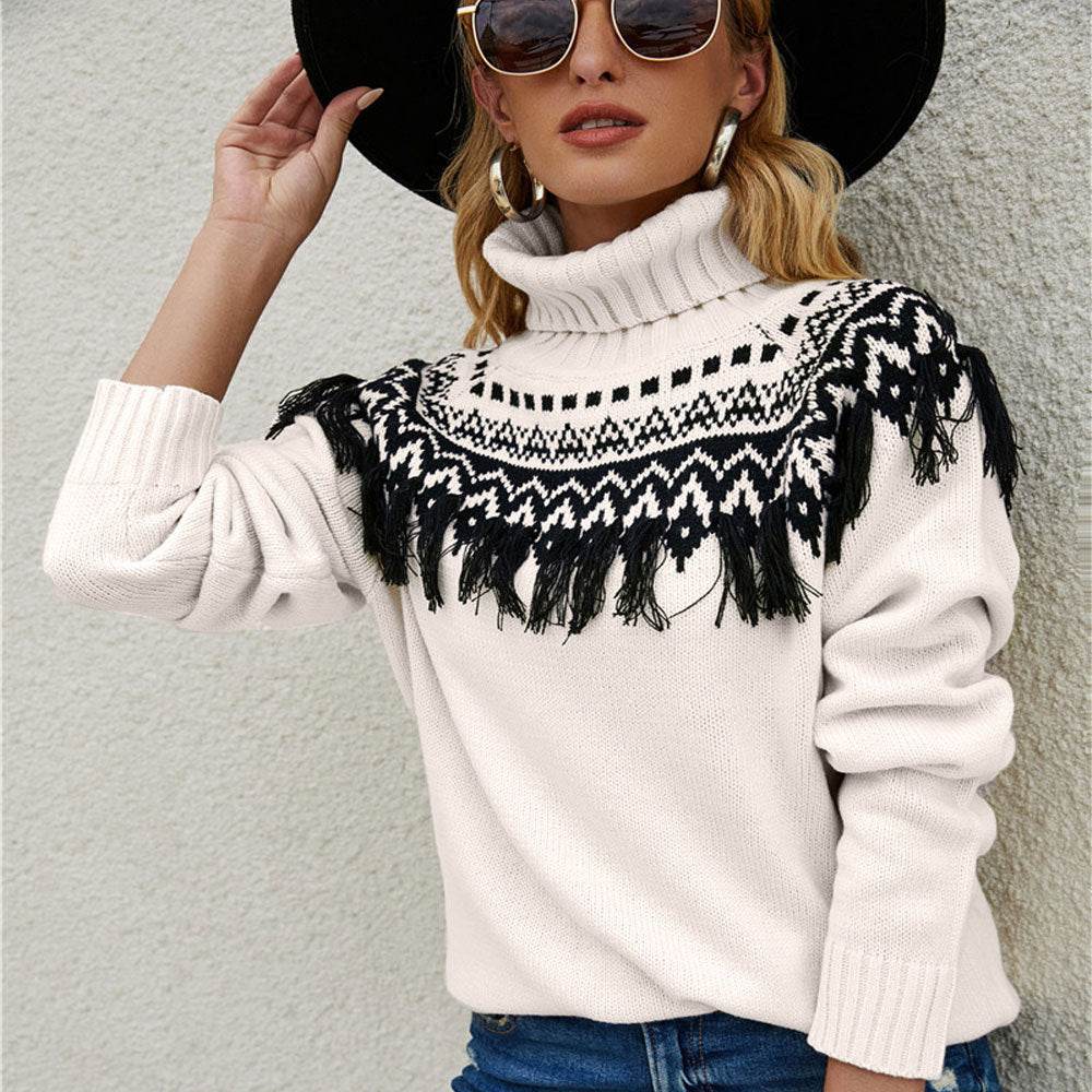 New Cross-border Amazon Fashion Pullover Plus Size Ladies Tassel Knitted Sweater European And American Turtleneck Sweater - Mubimart