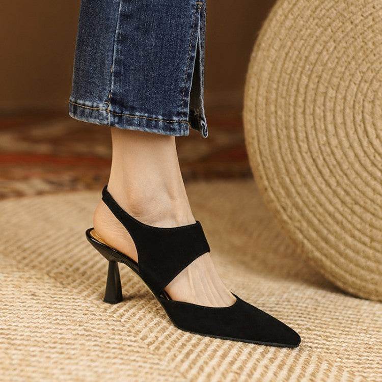 French Retro Pointed Toe Low-cut High Heels Closed Toe Slingback Sandals - Mubimart