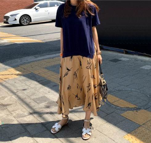 Summer Casual Plus Size Female Stitching Printing Dress - Mubimart