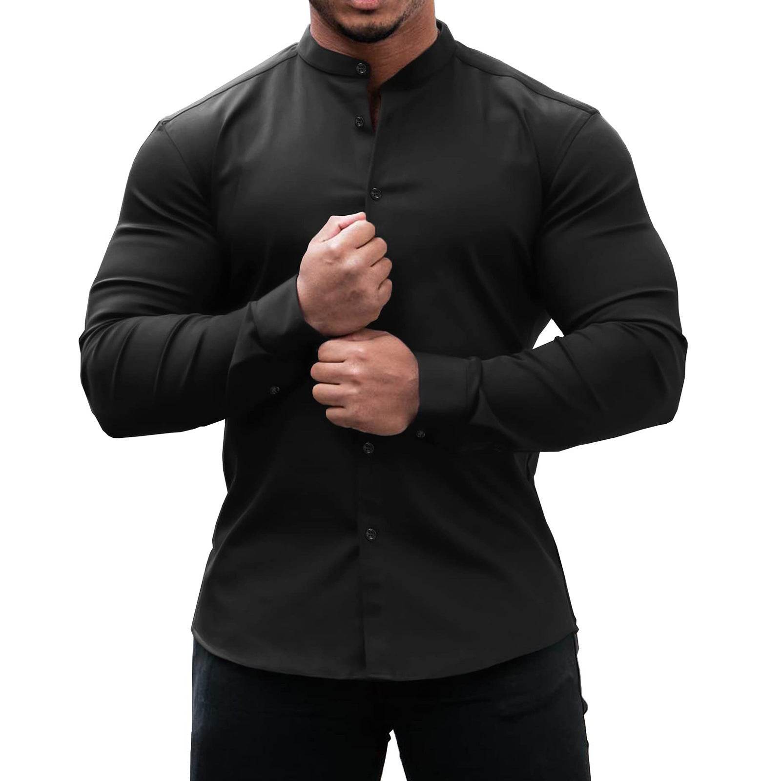 Long Sleeve Shirt Men Casual Button Down Slim Tops Solid Color Casual Mens Clothing - Mubimart