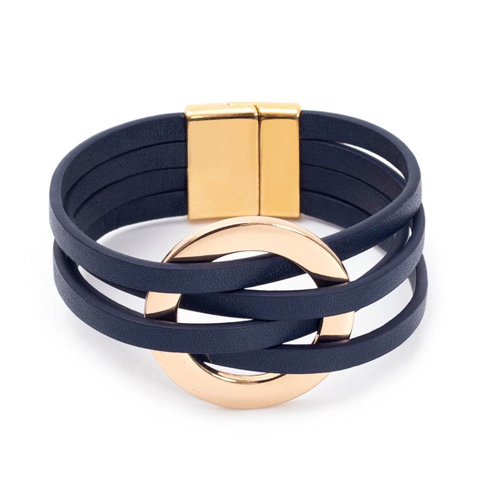 Cross Leather Women Bracelet Metal Big Ring Cuff Bangle Multi-layer Wristband Magnetic Snap Bangle - Mubimart