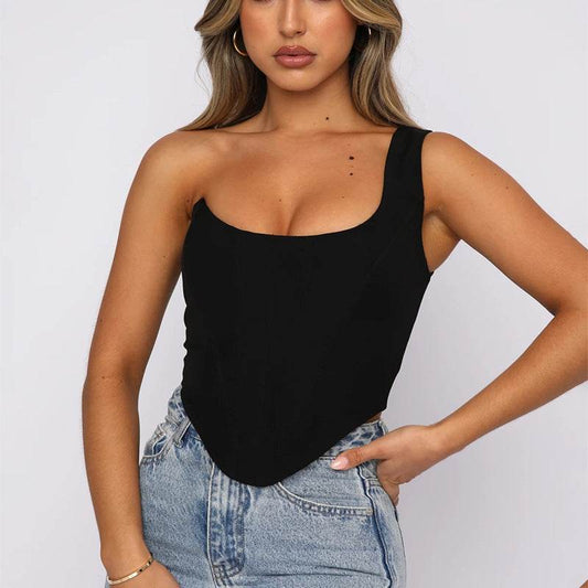 ExplosiveSlanted Shoulder Satin Fishbone Off-the-shoulder Corset Top - Mubimart